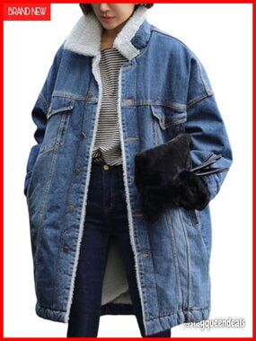 Sherpa Fleece Lined Denim Trench Coat Button Down Oversized Trucker Jacket